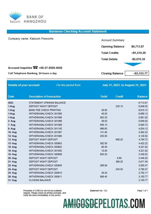Imprimível Banco de Hangzhou Company Statement modelo Word e PDF